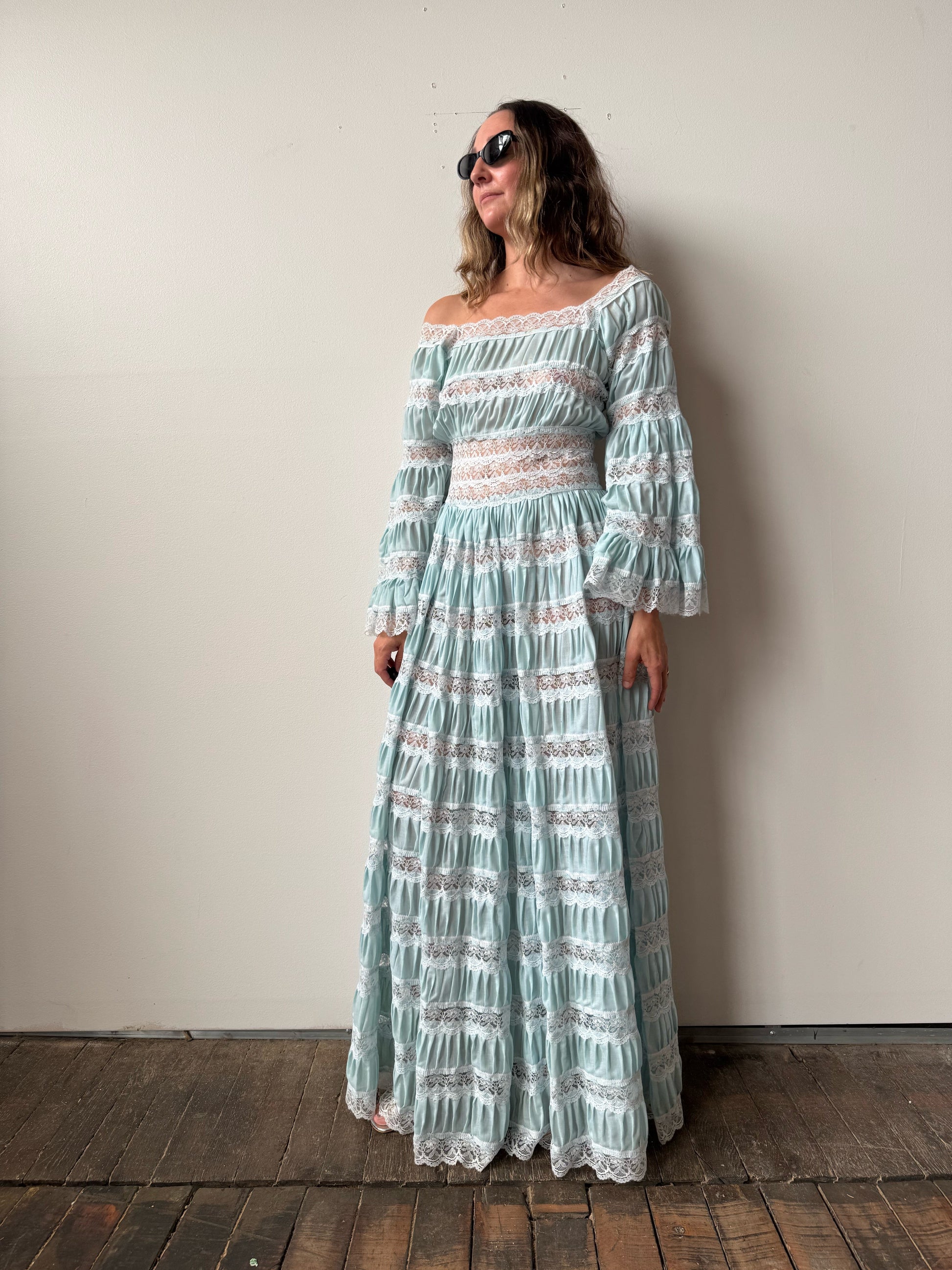 Light Blue and Lace Bell Sleeve 70s Maxi Dress (M)