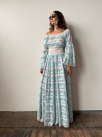 Light Blue and Lace Bell Sleeve 70s Maxi Dress (M)