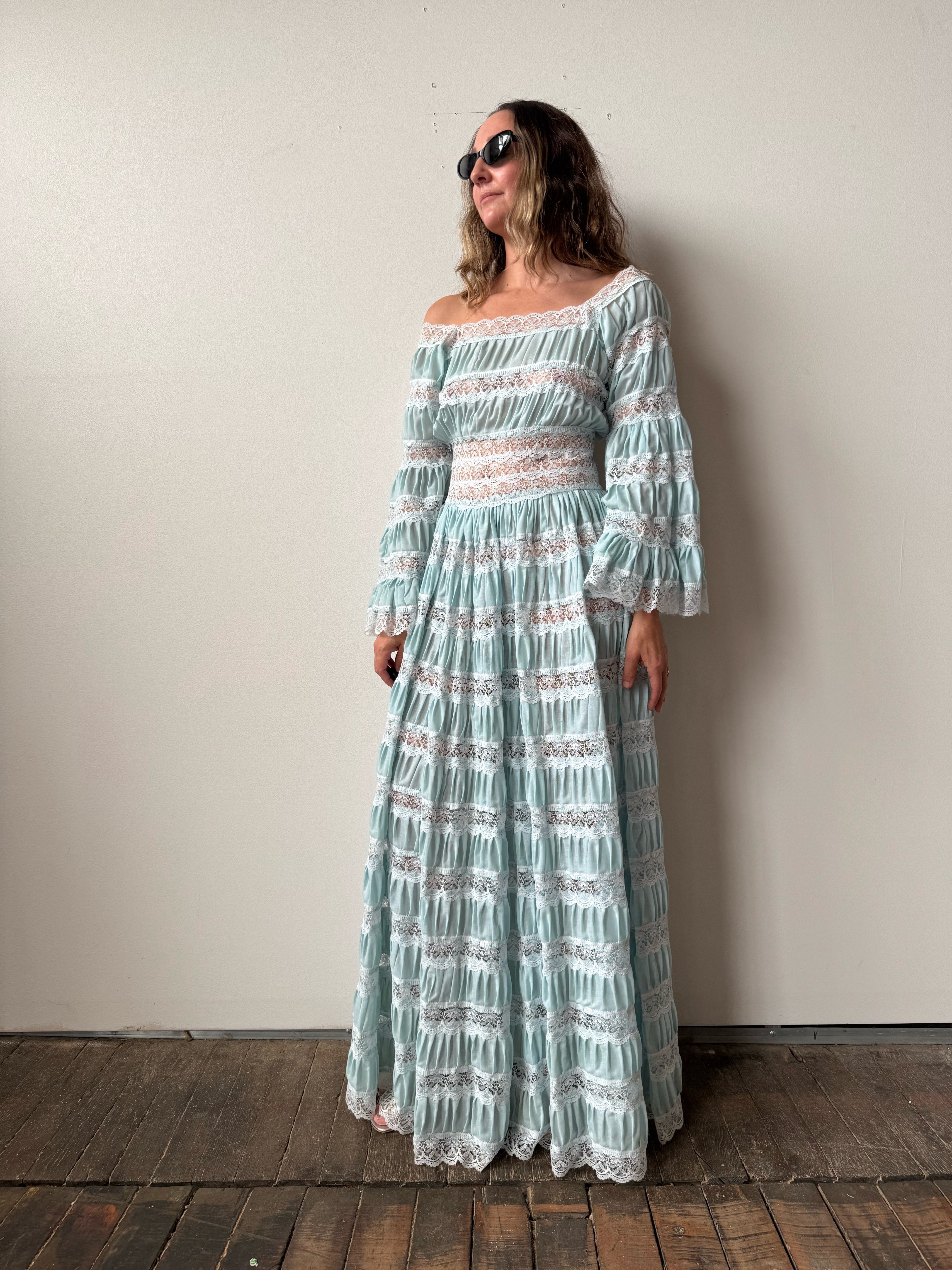 Light Blue and Lace Bell Sleeve 70s Maxi Dress (M)