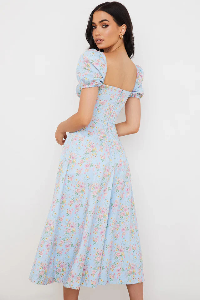 Blue And Pink Vintage Print Midi Skirt