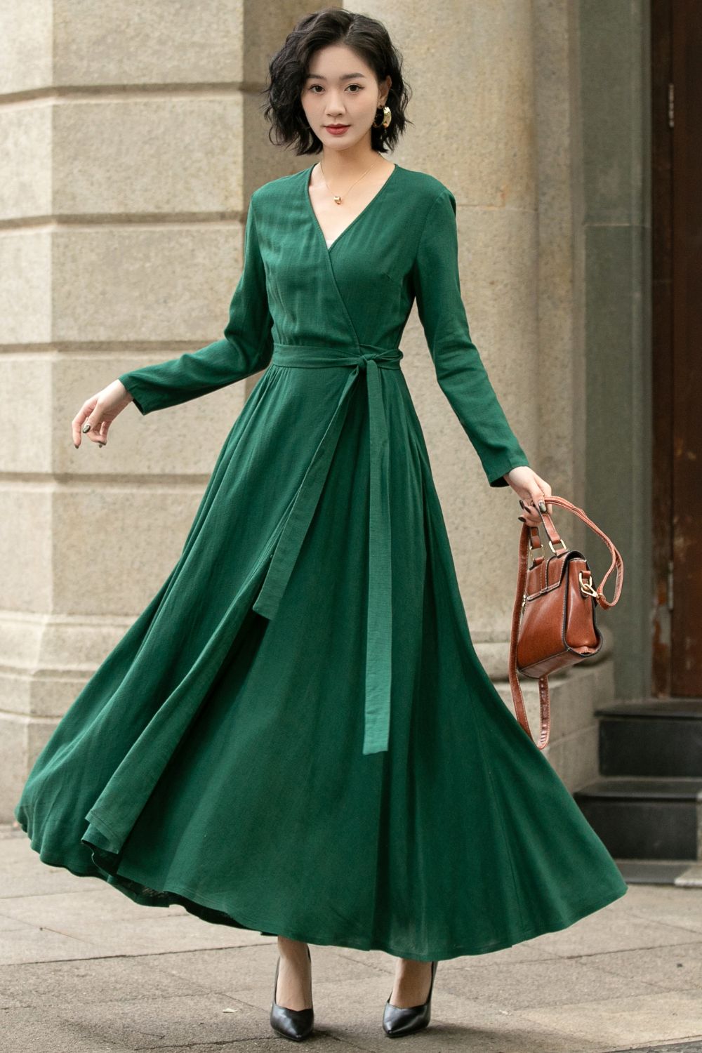 Green Linen Cotton Wrap Maxi Dress - Swing and Fitted Waist 5673