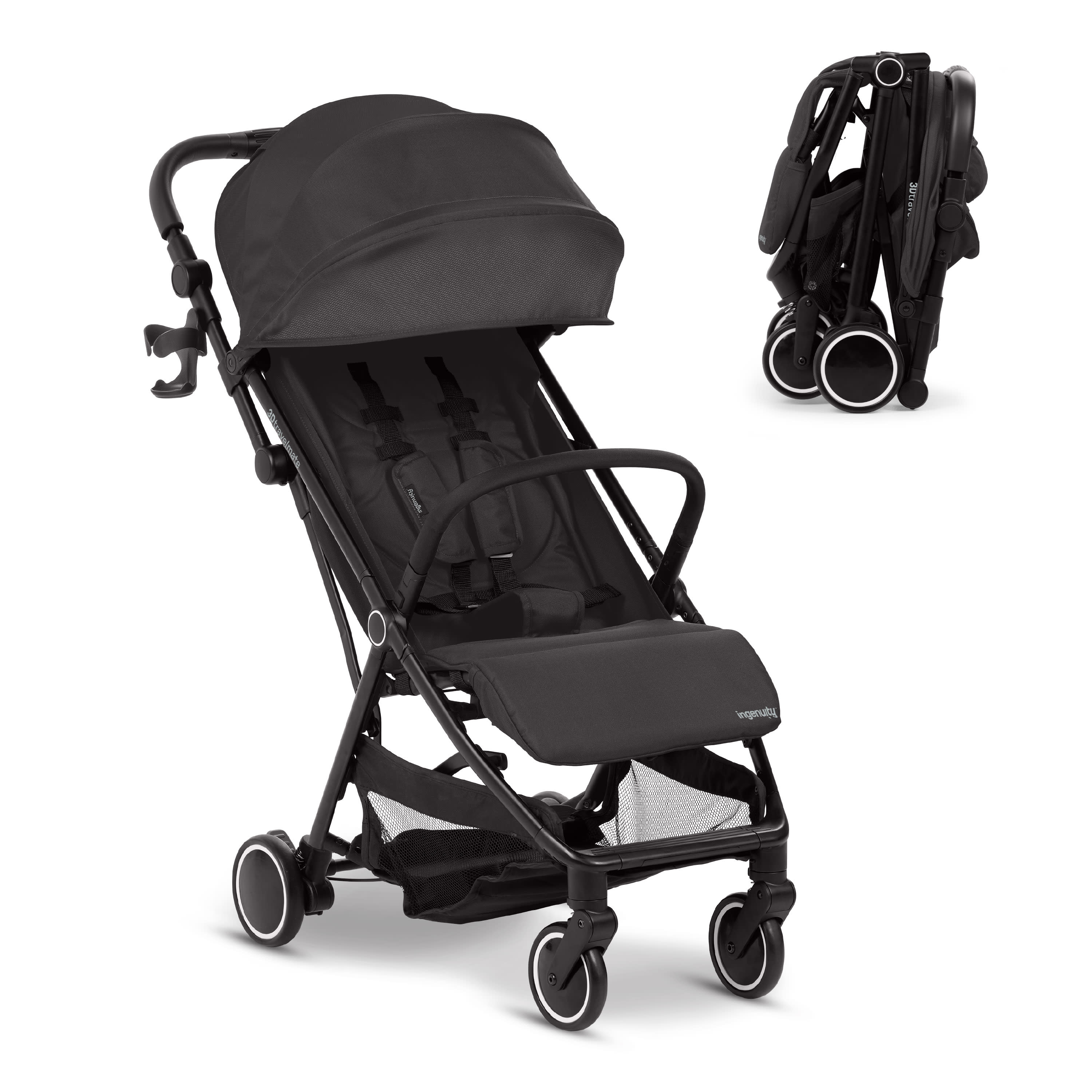 Ingenuity 3D Travelmate Pro Compact Travel Stroller with Ride-On Board, One-Hand Fold, Car Seat Compatible, Protective Canopy - Black
