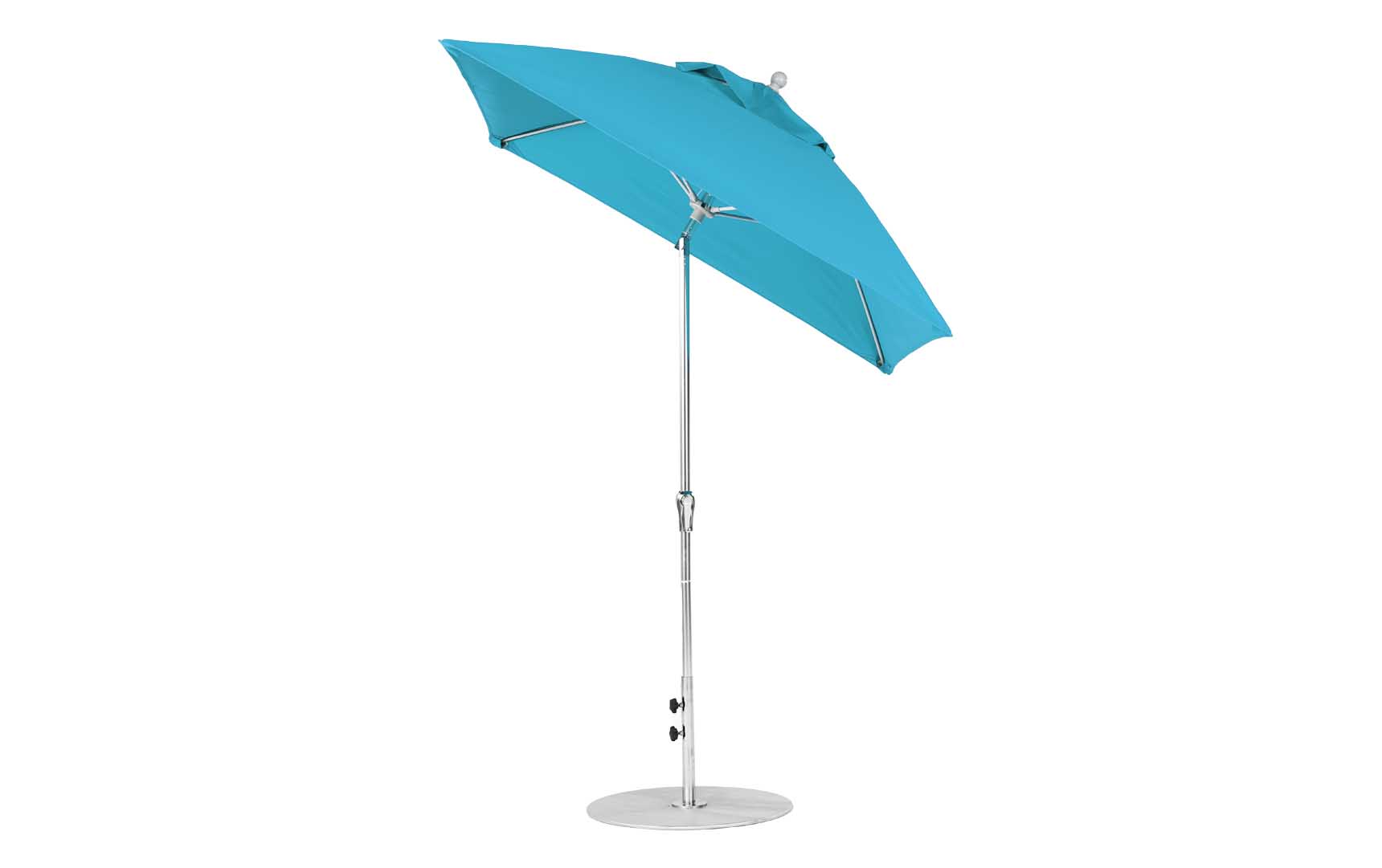 The Ledge Lounger Essential Fiberglass Umbrella features a 7.5 square auto-tilt design with marine-grade turquoise fabrics, a sleek silver metal pole, and round base. Its modern, stylish, perfect for outdoor use, and corrosion-resistant for durability.