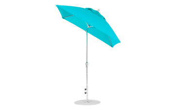 The Ledge Lounger Essential Fiberglass Umbrella features a 7.5 square auto-tilt design with marine-grade turquoise fabrics, a sleek silver metal pole, and round base. Its modern, stylish, perfect for outdoor use, and corrosion-resistant for durability.