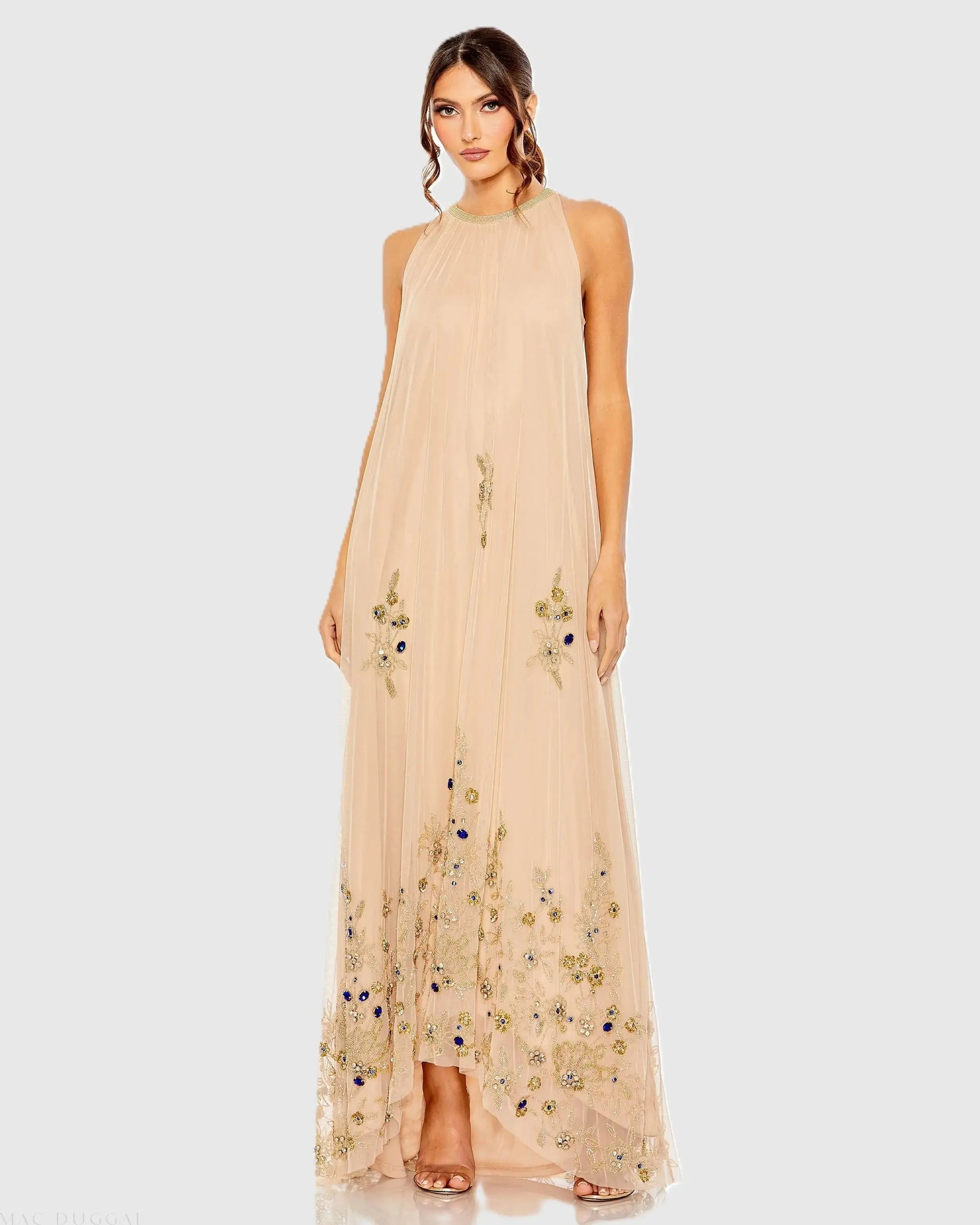 Beige High Neck Floral Embellished Trapeze Gown - Mac Duggal