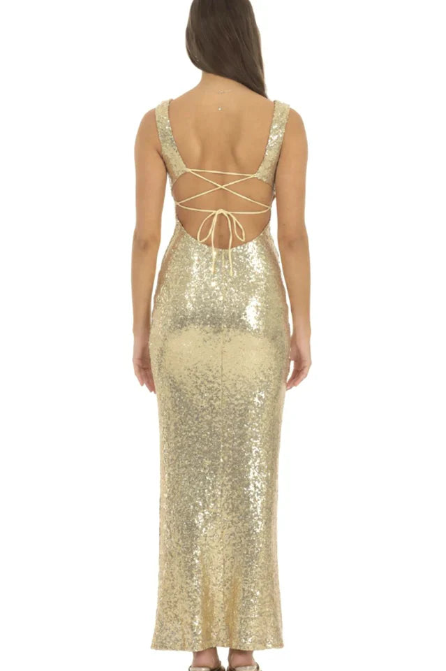 Sequin Square Neck Fitted Maxi Dress