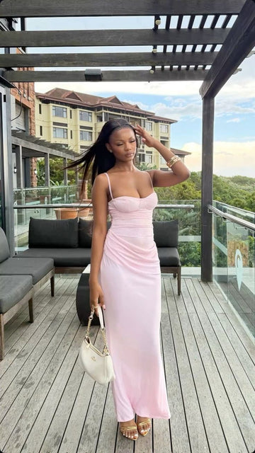 Classic Mermaid Spaghetti Straps Satin Pink Summer Spring Inspiration Long Wedding Guest Dresses N1649