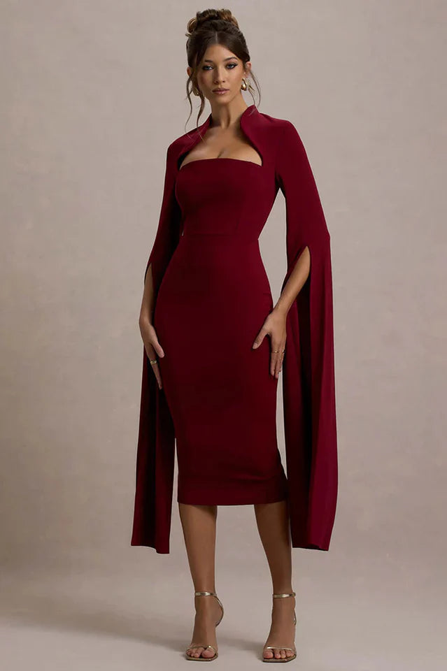 Berry Bodycon Cape-Sleeve Midi Dress