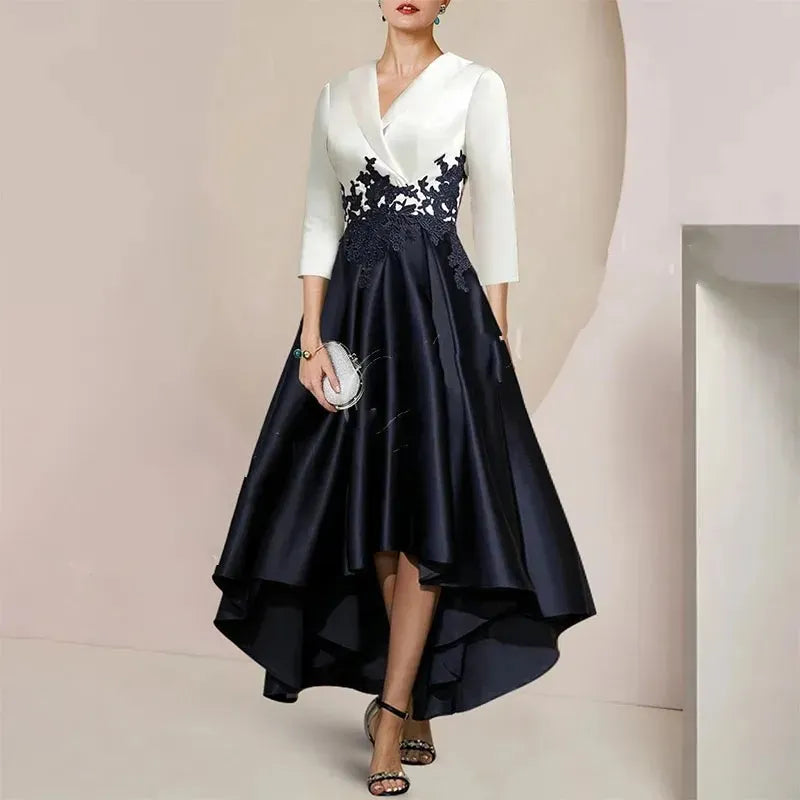 Elegant V-Neck A-Line gown for Wedding with Satin Lace Appliques - White/Black - 3/4 Sleeves - Perfect for Wedding Guests and Parties