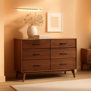 6 Drawer Solid Pine Wood Dresser With Walnut Finish