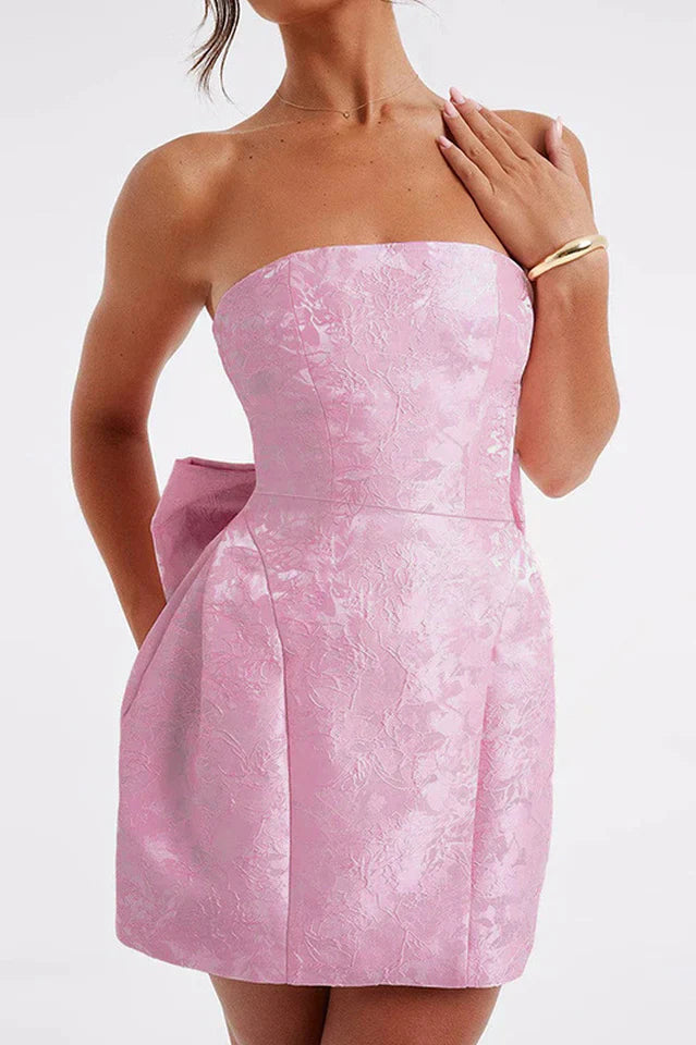 Jacquard Print Tube Back Bow Mini Dress