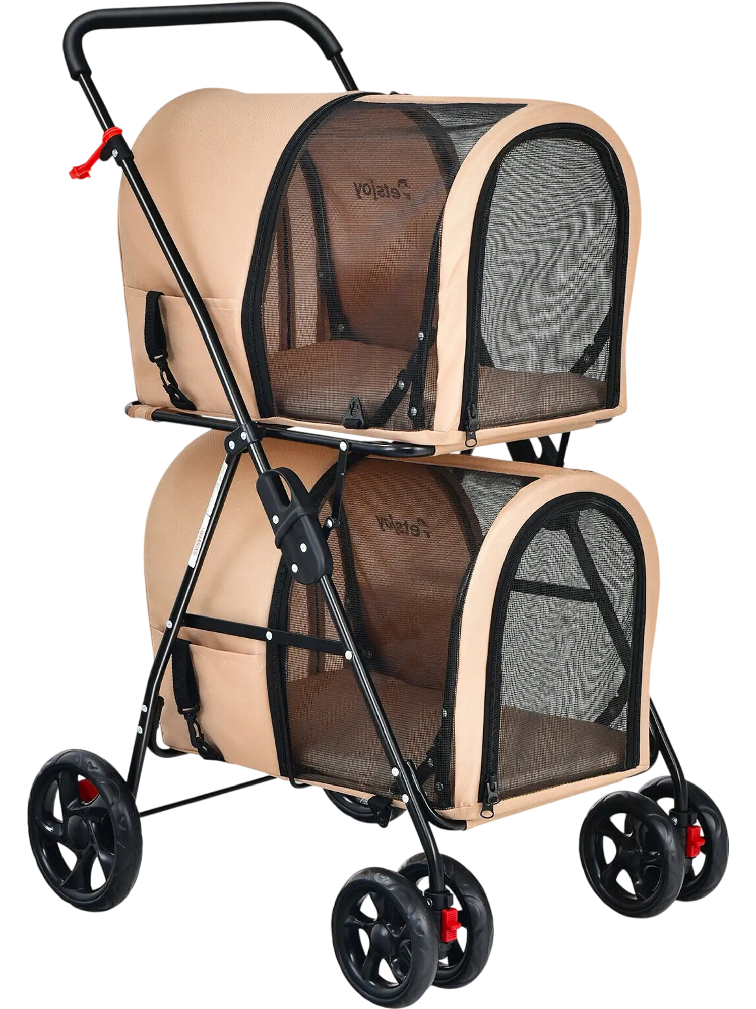 Double pet stroller in beige with detachable carriers, made of oxford cloth, ideal for travel and outdoor use.