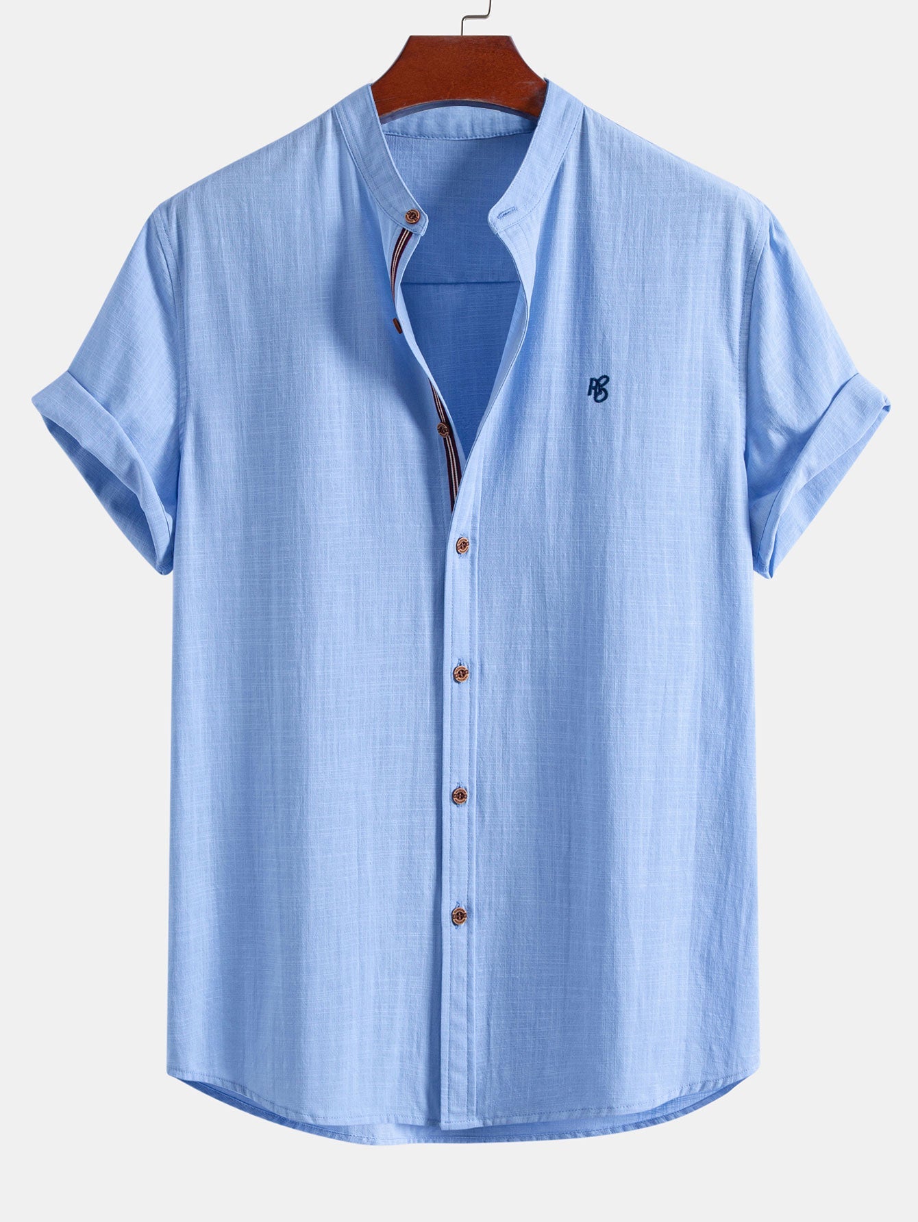 Short Sleeve Linen Look Stand Collar Shirt