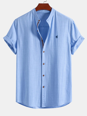 Short Sleeve Linen Look Stand Collar Shirt