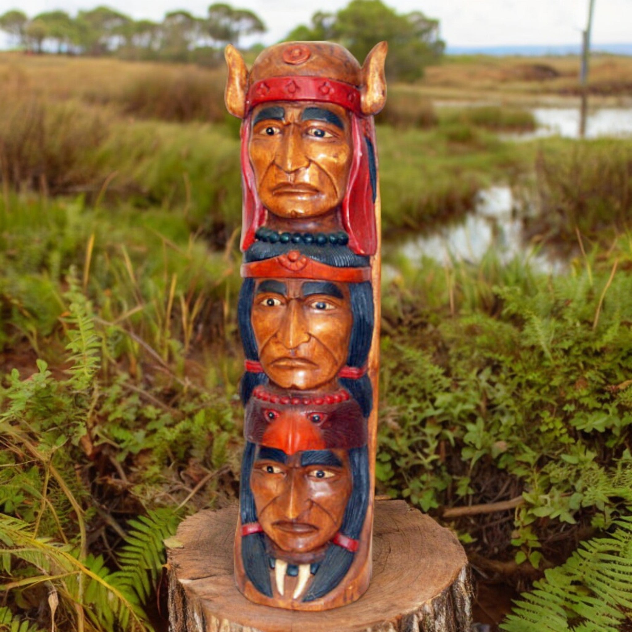 Hand Carved Solid Wood Native American Totem 40" Tall