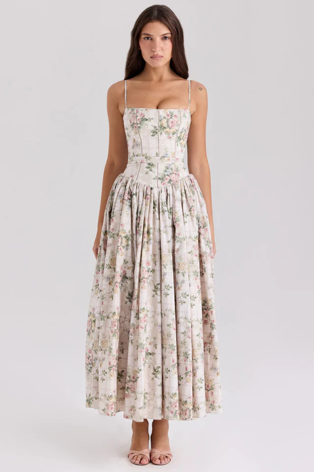 Vintage Rose Print Cotton Midi Sundress