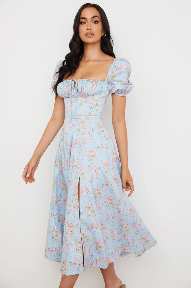 Blue And Pink Vintage Print Midi Skirt