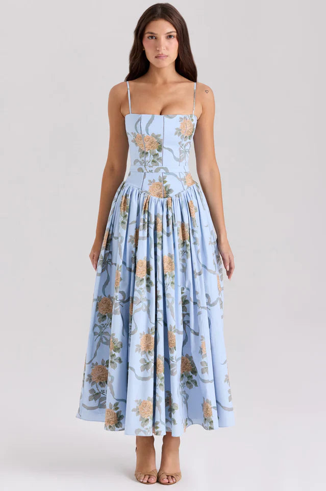 Vintage Rose Print Cotton Midi Sundress
