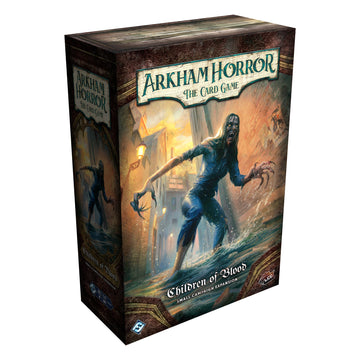Arkham Horror: The Card Game – Children of Blood Small Campaign Expansion - front of box featuring art of a monster walking down a street.