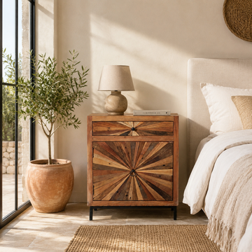 Lifestyle idea for a driftwood cabinet with sunburst front pattern and iron legs, one drawer and cabinet; looks great as sink base cabinet or accent furniture, 63 × 40 × 73 cm.