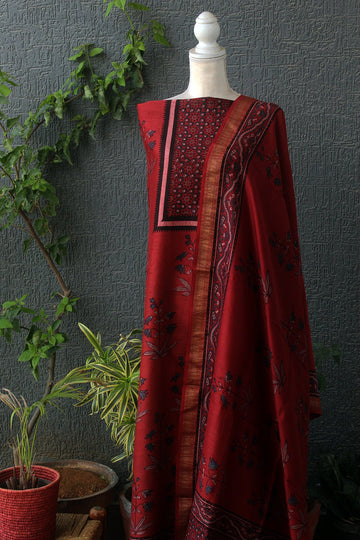 Red Ajrakh Maheshwari Cotton Silk Dress Material - Weaves of Tradition