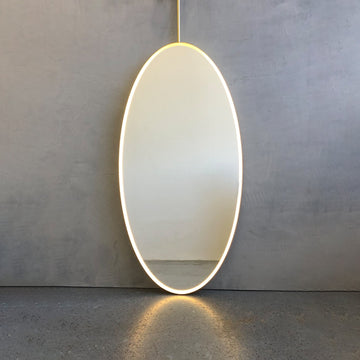 Illuminated Ceiling Suspended Contemporary Oval Mirror with a Brass Frame