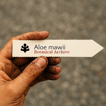 Printed plant label for Aloe mawii Botanical Archive held by dirty hand