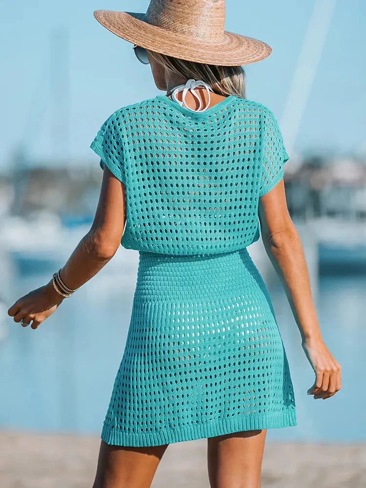 Damen Strandkleid Häkel Maxi V-Ausschnitt Sommer Boho