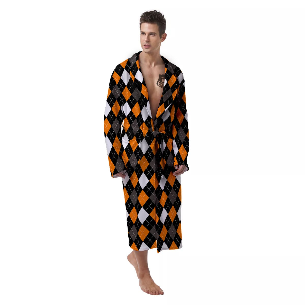 Argyle Orange Black Grey And White Print Men's Robe-grizzshop