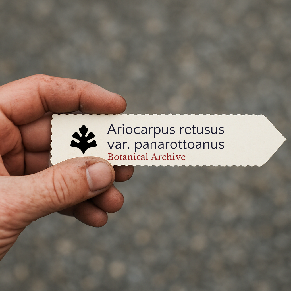 Printed plant label for Ariocarpus retusus var. panarottoanus held in hand against blurred background