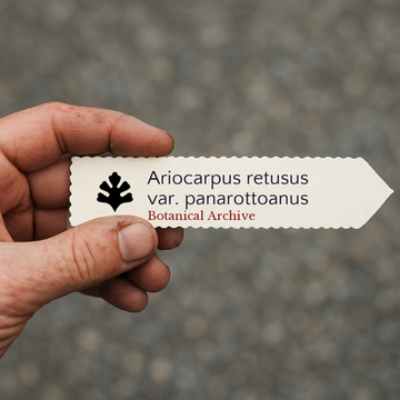 Printed plant label for Ariocarpus retusus var. panarottoanus held in hand against blurred background