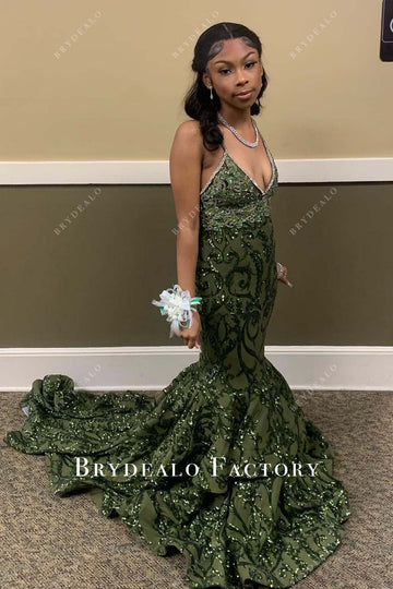 green dresses prom Army Green Sequined Pattern Trumpet Long Train Prom Dress