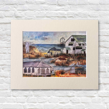 As I Remember It’ print by Tootsie Watkins, watercolor illustration of Pawleys Island landmarks, matted to 8×10.