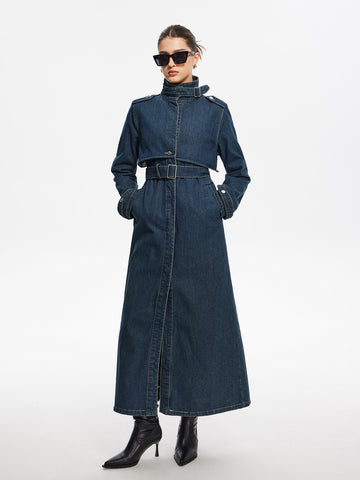 Vivara Belted Long Denim Coat – Timeless Style and Flattering Fit