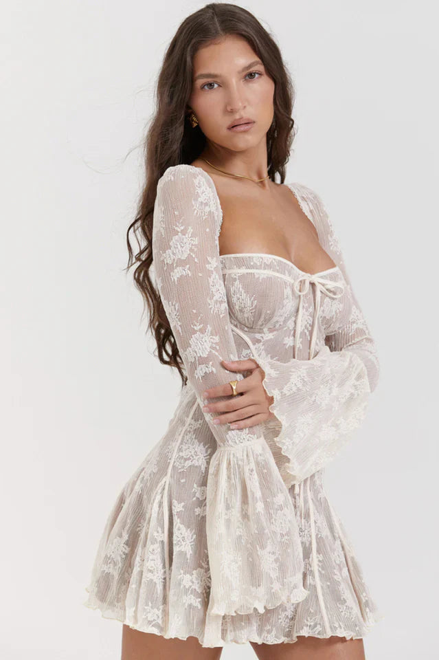 Vintage Cream Lace Belted Dress
