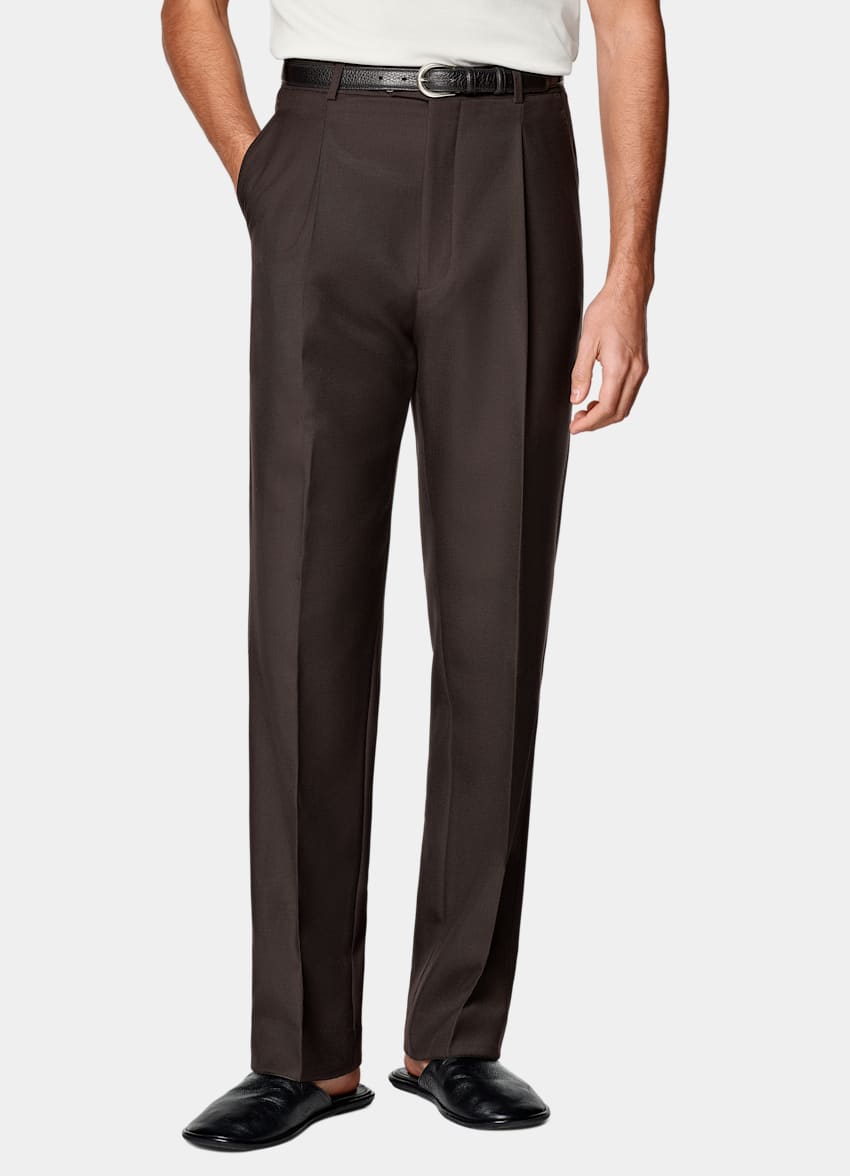 Dark Brown Wide Leg Straight Pants in Pure Wool