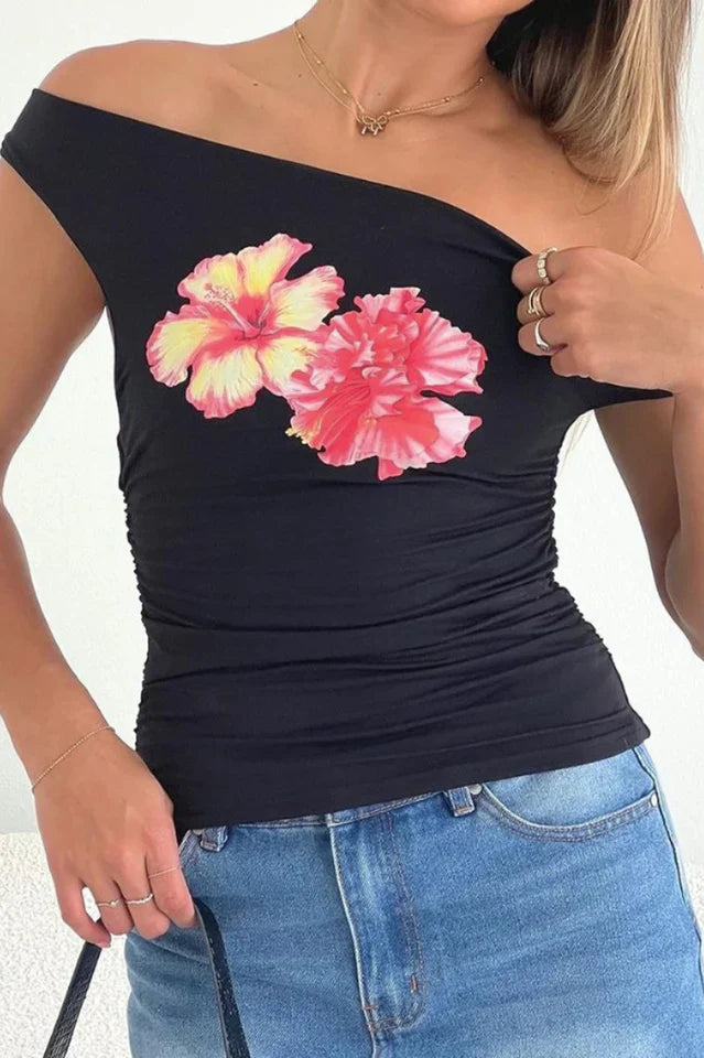 Twist Off Shoulder Graphic Top