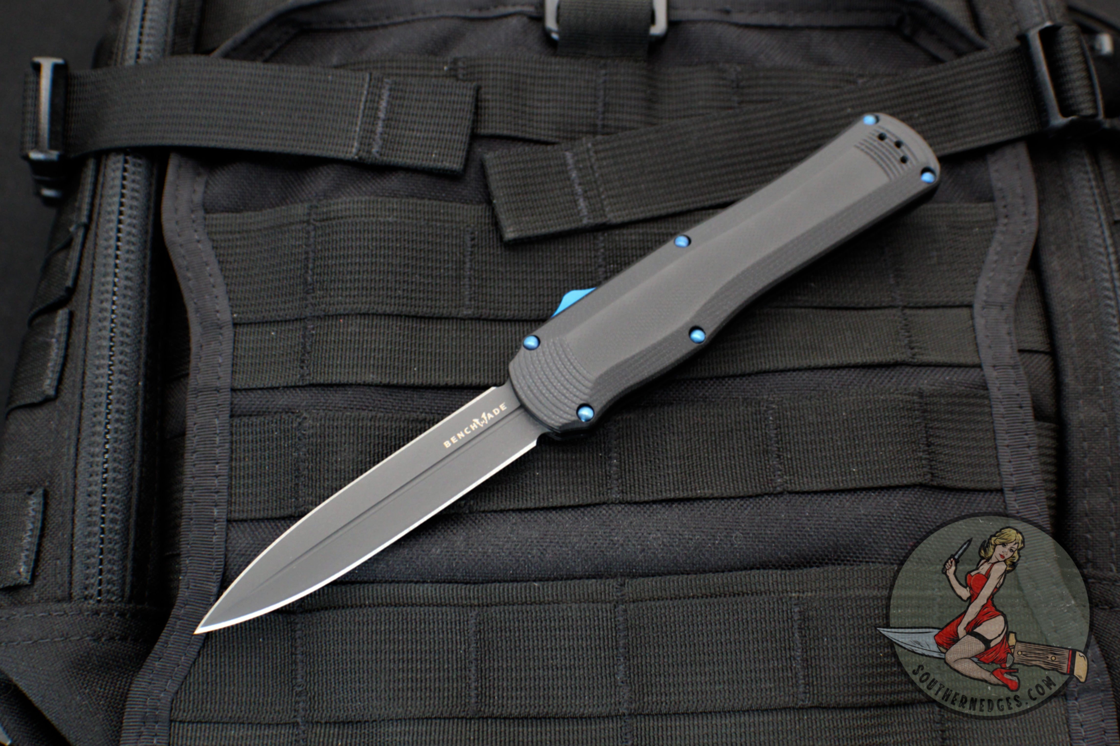 Benchmade Autocrat Double Edge OTF Auto- Black G-10 With Black DLC Plain Edge Blue HW 3400BK