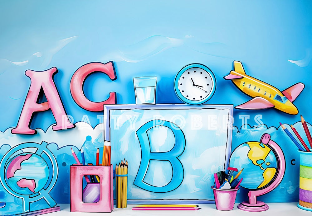 Kate Back to School Cartoon Blue Painting Printed Backdrop Designed by Patty Robert