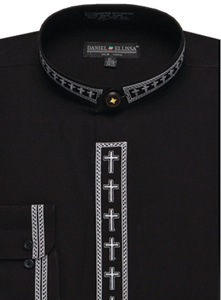 Men's Cross Embroidered Banded Collar Dress Clergy Shirt in Black & White