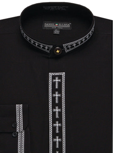Men's Cross Embroidered Banded Collar Dress Clergy Shirt in Black & White