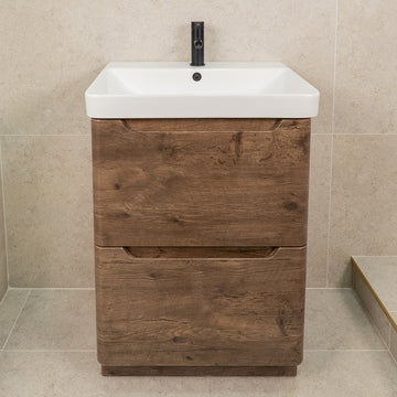 Camden 600mm 2 Drawer Floor Standing Vanity Unit and Basin - Chestnut
