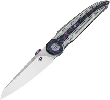 Bestech Knives Prydwen Framelock M-Cut Ti folding knife with satin blade and purple patterned titanium handle.