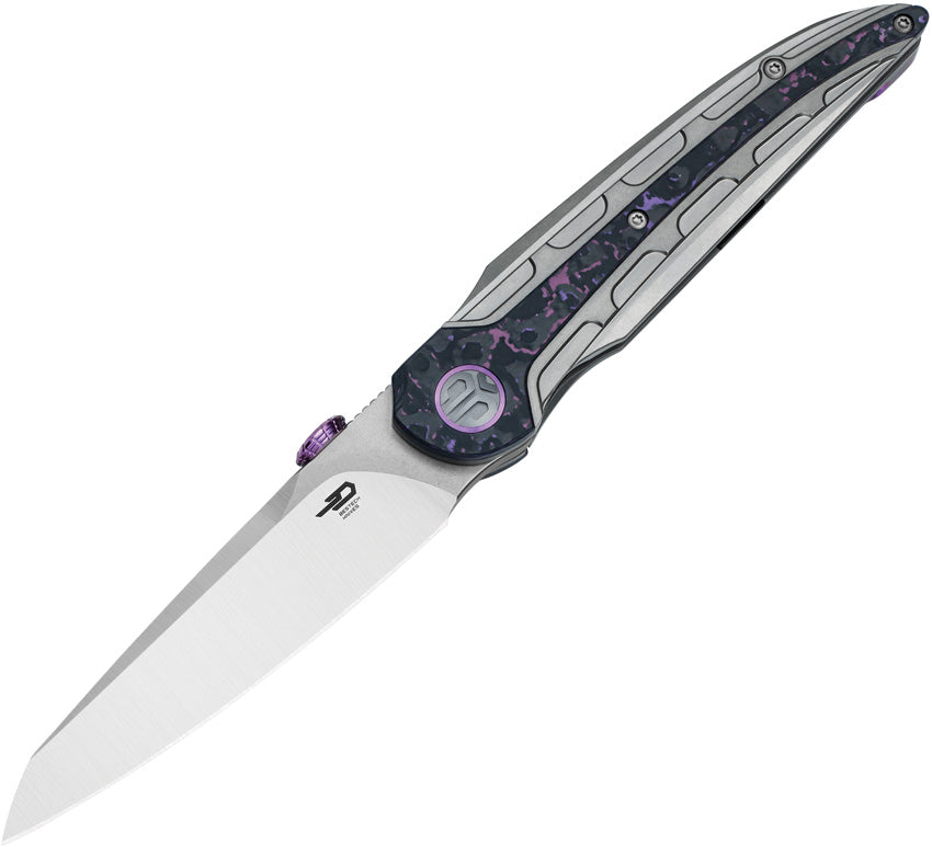 Bestech Knives Prydwen Framelock M-Cut Ti folding knife with satin blade and purple patterned titanium handle.