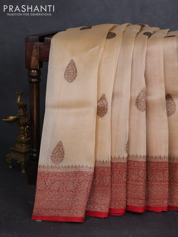 Banarasi organza silk saree sandal and maroon with allover thread & zari woven buttas and thread & zari woven border