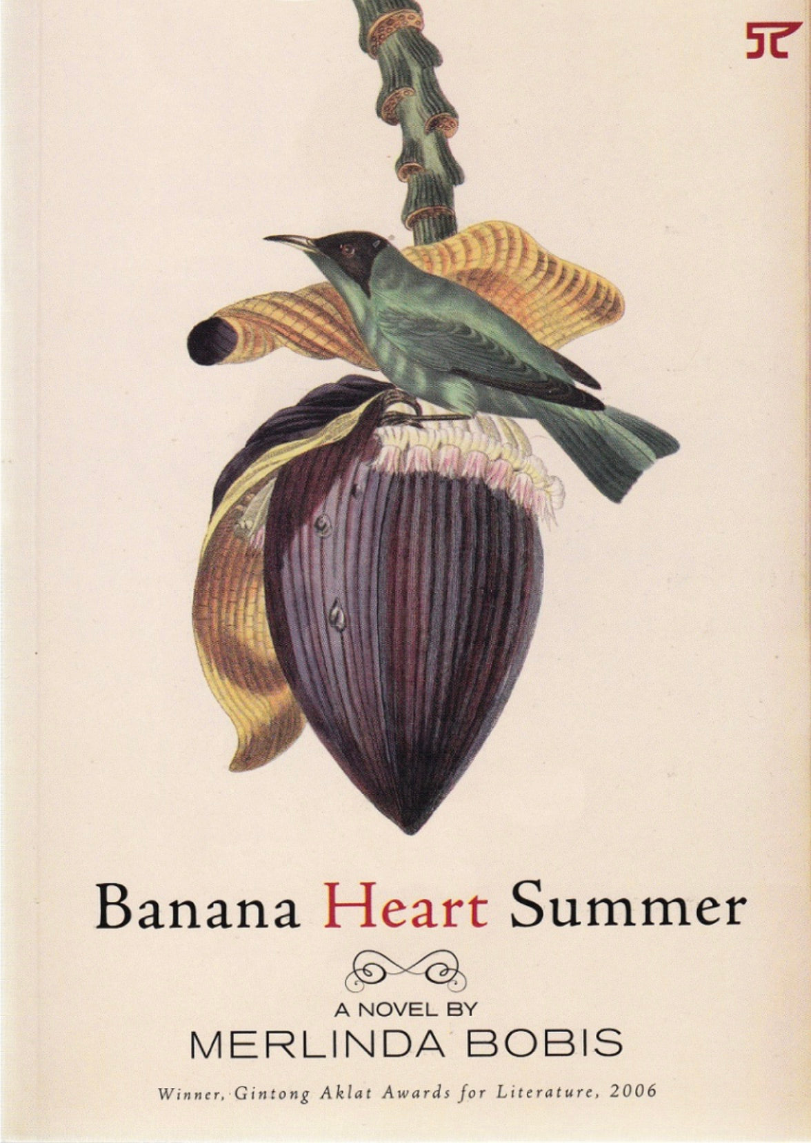 Cover of Banana Heart Summer by Merlinda Bobis, botanical illustration of a green sunbird perched on a banana flower