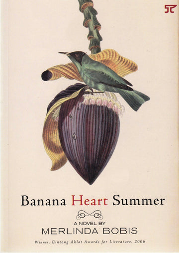 Cover of Banana Heart Summer by Merlinda Bobis, botanical illustration of a green sunbird perched on a banana flower