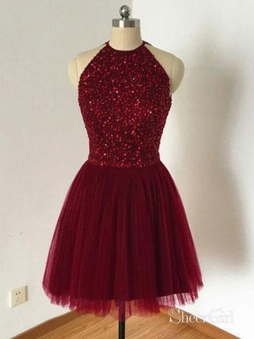 Beaded Bodice Halter Burgundy Tulle Homecoming Dresses,Open Back Short Formal Dresses,apd2541-SheerGirl