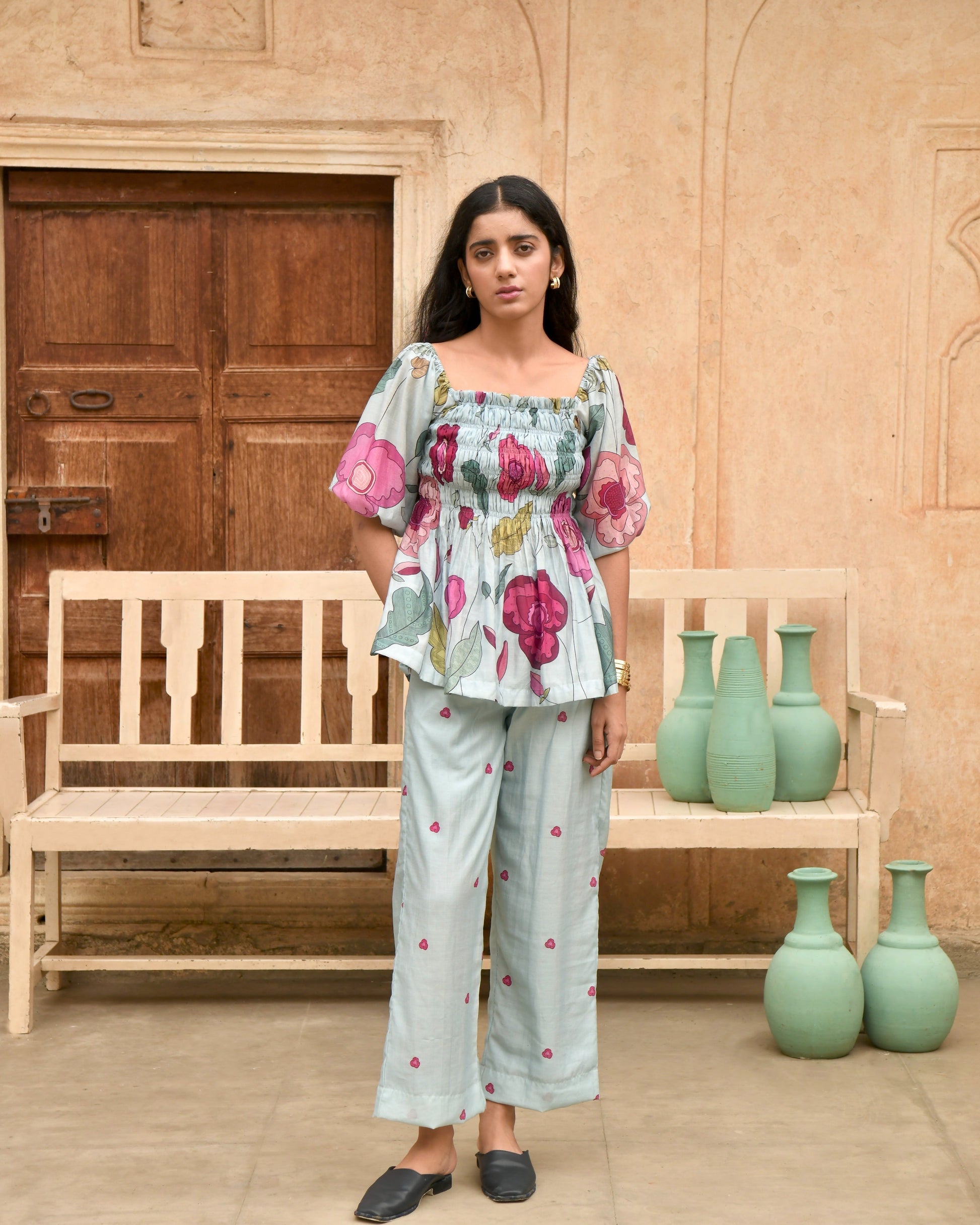 Blue Printed Pant at Kamakhyaa by Taro. This item is Azo Free Dyes, Best Selling, Blue, Casual Wear, Chanderi Silk, Garden Of Dreams, July Sale, July Sale 2023, Pants, Prints, Regular Fit, Womenswear