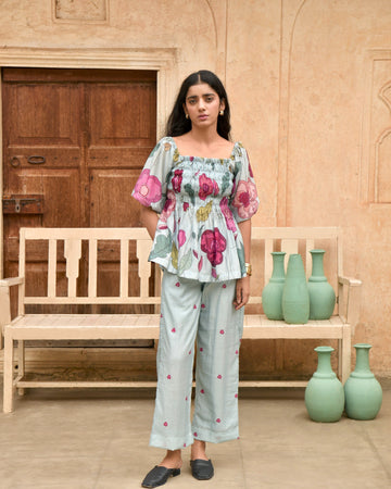 Blue Printed Pant at Kamakhyaa by Taro. This item is Azo Free Dyes, Best Selling, Blue, Casual Wear, Chanderi Silk, Garden Of Dreams, July Sale, July Sale 2023, Pants, Prints, Regular Fit, Womenswear